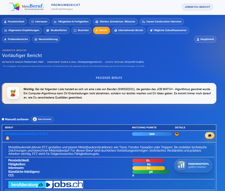 Screenshot passender Berufe nach Matching
